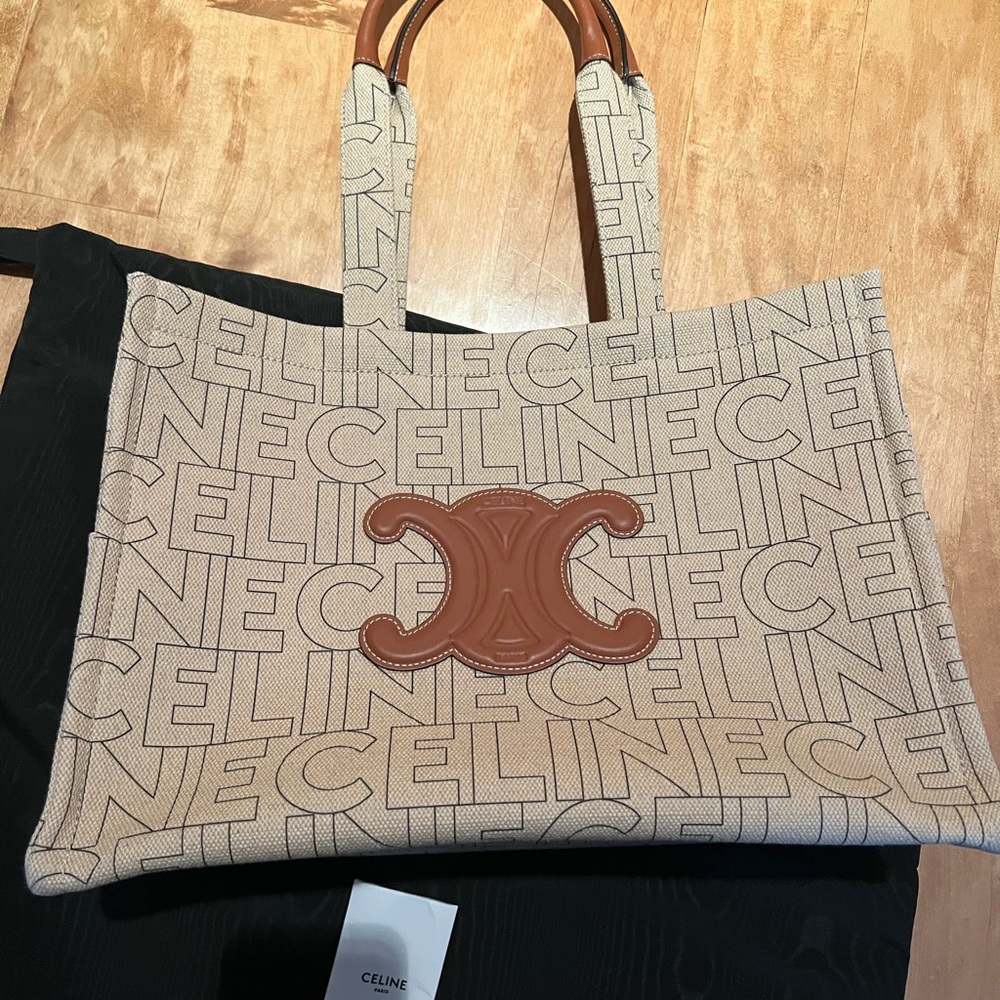 Celine Beige Logo Canvas Triomphe Tote with Brown Leather Trim - Picture 2 of 4